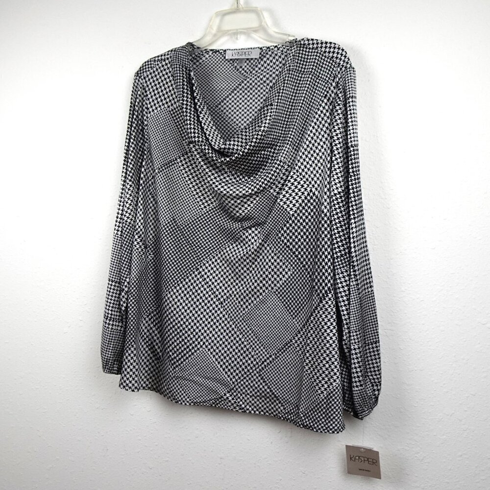 Kasper Houndstooth Top Women's Plus Size 1X Black White Long Sleeve Cowl Neck - Picture 4 of 10